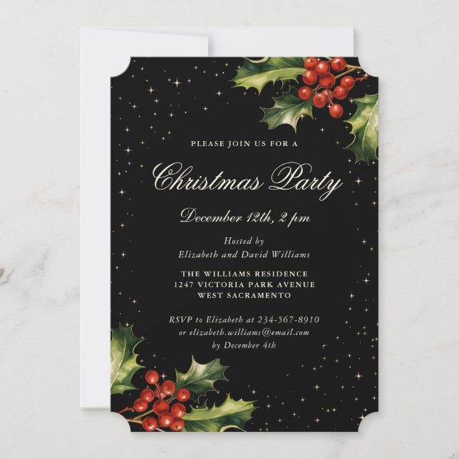 Elegant Black Holly Red Berries Christmas Party Invitation (Front)