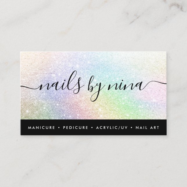 Elegant black holographic rainbow glitter script business card (Front)