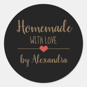 Elegant black homemade with love gold script  classic round sticker