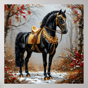 Elegant Black Horse Adorned in Golden Tackle Poster