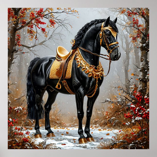 Elegant Black Horse Adorned in Golden Tackle Poster (Front)