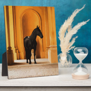 Elegant Black Horse in Golden Archway Plaque