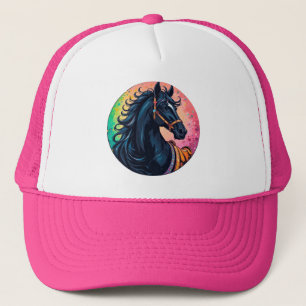 Elegant Black Horse With Vibrant Background Trucker Hat