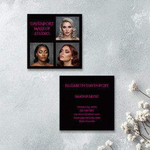 Elegant Black Hot Pink 3 Photo Makeup Square Business Card