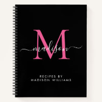 Elegant Black Hot Pink Monogram Script Name Recipe