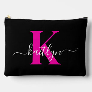 Elegant Black Hot Pink Script Monogram Accessory Pouch