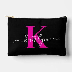Elegant Black Hot Pink Script Monogram Accessory Pouch