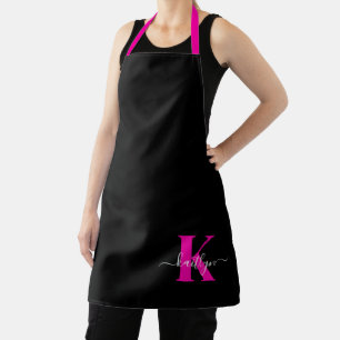 Elegant Black Hot Pink Script Monogram Apron