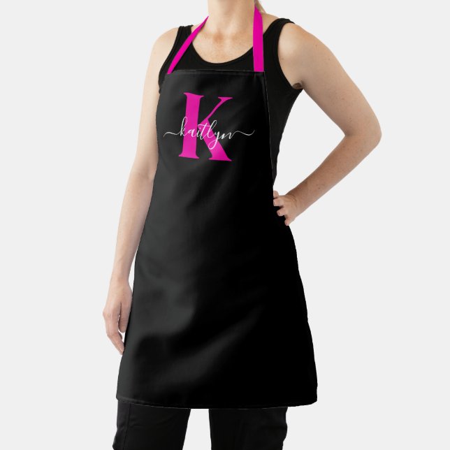 Elegant Black Hot Pink Script Monogram Apron (Insitu)
