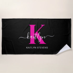 Elegant Black Hot Pink Script Monogram Beach Towel