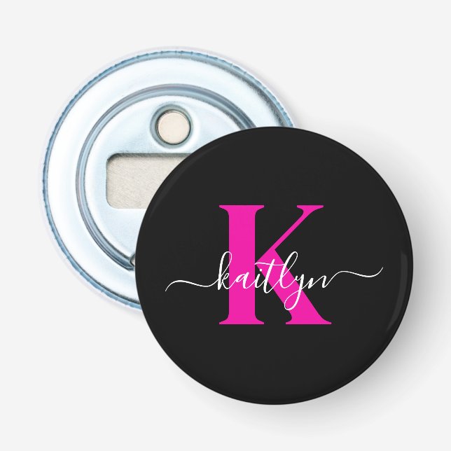 Elegant Black Hot Pink Script Monogram Bottle Opener (Front)