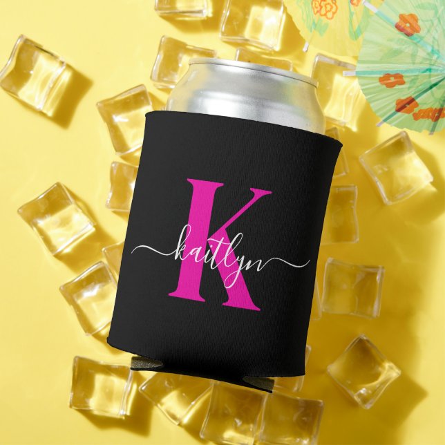 Elegant Black Hot Pink Script Monogram Can Cooler (In Situ Summer)