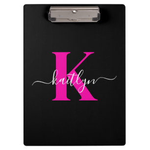 Elegant Black Hot Pink Script Monogram Clipboard