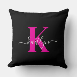 Elegant Black Hot Pink Script Monogram Cushion