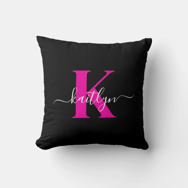 Elegant Black Hot Pink Script Monogram Cushion (Front)