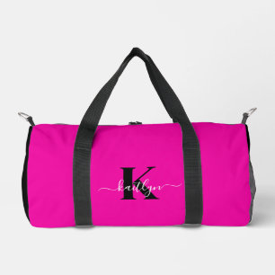 Elegant Black Hot Pink Script Monogram Duffle Bag
