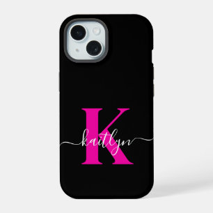 Elegant Black Hot Pink Script Monogram iPhone 15 Case