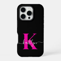 Elegant Black Hot Pink Script Monogram
