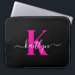 Elegant Black Hot Pink Script Monogram Laptop Sleeve<br><div class="desc">This simple,  elegant 15" black laptop sleeve with your first name in a trendy script font in white and your first initial in a modern cap font in hot pink is perfect for you.  It's stylish and trendy and yet very classic. It's unique - like you!</div>