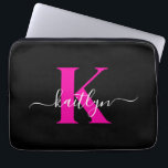 Elegant Black Hot Pink Script Monogram Laptop Sleeve<br><div class="desc">This simple,  elegant black 13" laptop sleeve with your first name in a trendy script font in white and your first initial in a modern cap font in hot pink is perfect for you.  It's stylish and trendy and yet very classic. It's unique - like you!</div>