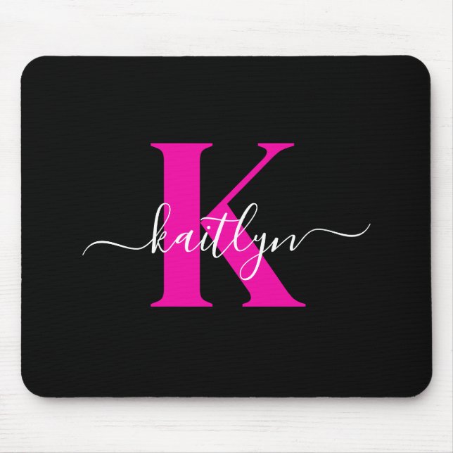 Elegant Black Hot Pink Script Monogram Mouse Pad (Front)