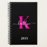 Elegant Black Hot Pink Script Monogram Planner<br><div class="desc">This simple, elegant black 5.5 x 8.5 soft planner with your first name in a trendy script font in white typed over your first initial in a modern cap font in hot pink is perfect for you. It's stylish and trendy and yet very classic. It will make keeping appointments, meetings,...</div>