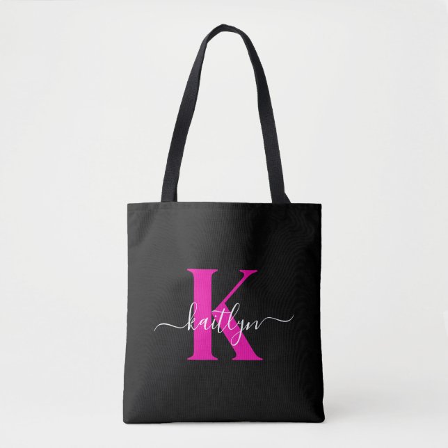 Elegant Black Hot Pink Script Monogram Tote Bag (Front)