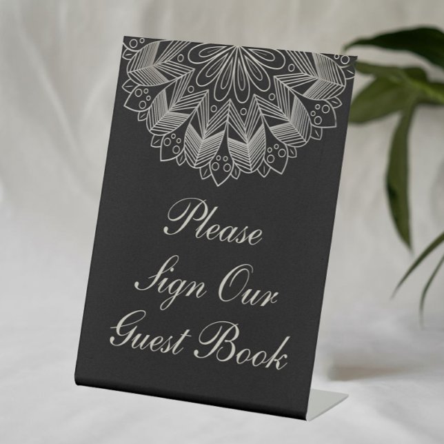 Elegant Black Indian Boho Wedding Guest Book Pedestal Sign (Creator Uploaded)