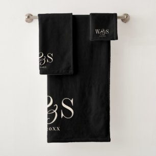 Elegant black initial wedding couples bath towel set