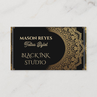 Elegant Black Ink Gold Mandala Art Tattoo Stylist Business Card