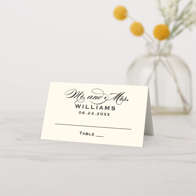 Elegant Black Ivory Calligraphy Wedding Monogram Place Card (Front)