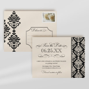 Elegant Black Ivory Damask Scrollwork Wedding Announcement Postcard