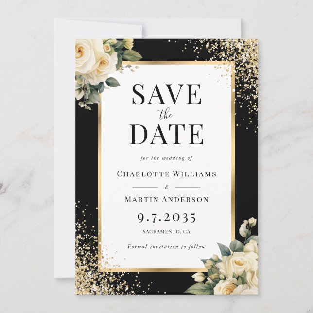 Elegant Black Ivory Gold Confetti Floral Wedding Save The Date (Front)