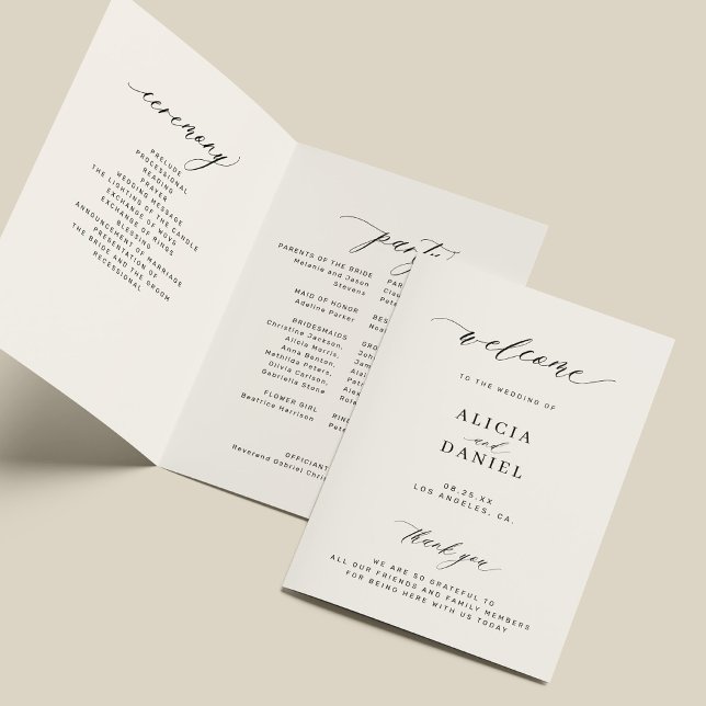 Elegant black ivory script folded wedding party program (Creator Uploaded)