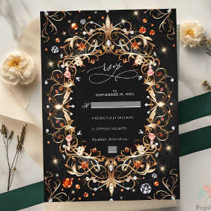 Elegant Black Jewels Decorated Wedding RSVP Card