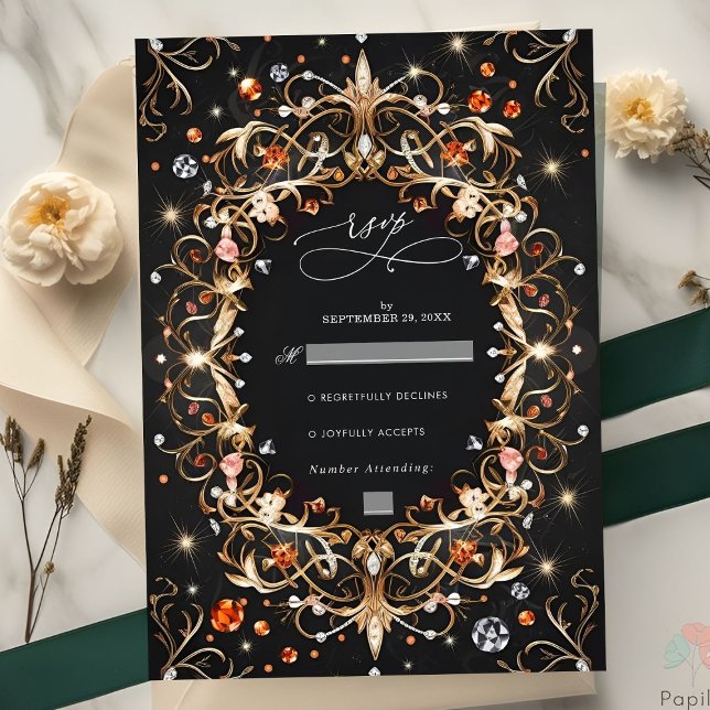 Elegant Black Jewels Decorated Wedding RSVP Card (Creator Uploaded)