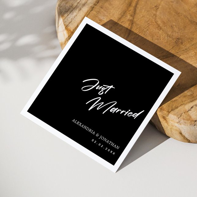 Elegant Black Just Married Custom Wedding Napkins (Classic Black & White Just Married Script Wedding Napkins)