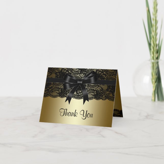 Elegant Black Lace Black and Gold Thank You Card (Front)