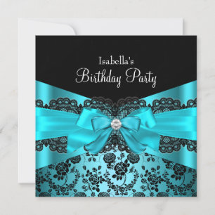 Elegant Black Lace & Bow Teal Birthday Invitation