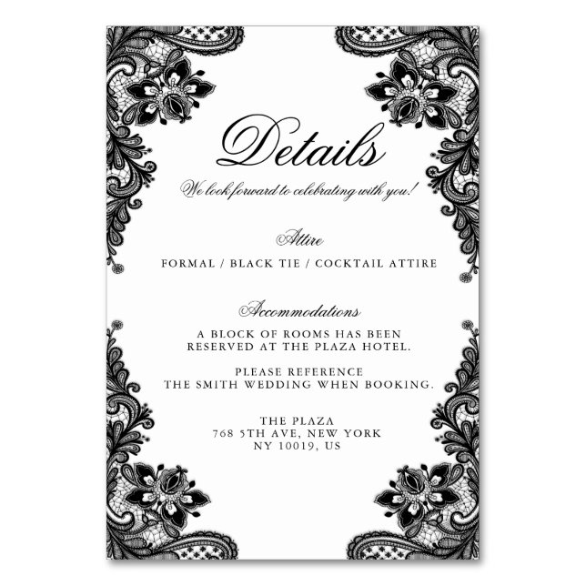 Elegant Black Lace Wedding Detail Cards (Front)