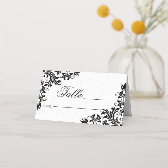 Elegant Black Lace White Damasks Place Card (Front)