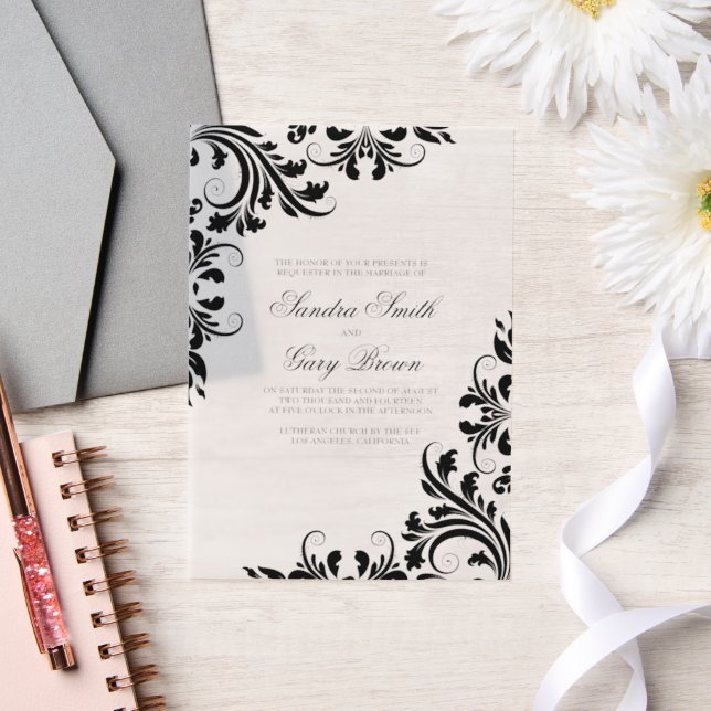 Elegant Black Lace White Damasks Wedding Vellum Invitations (Wedding)