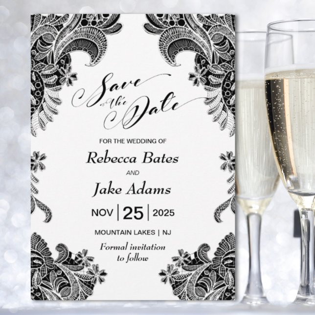 Elegant Black Lace White Wedding Save The Date (Creator Uploaded)