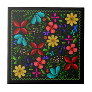 Elegant Black   Latin American Folk Floral Ceramic Tile