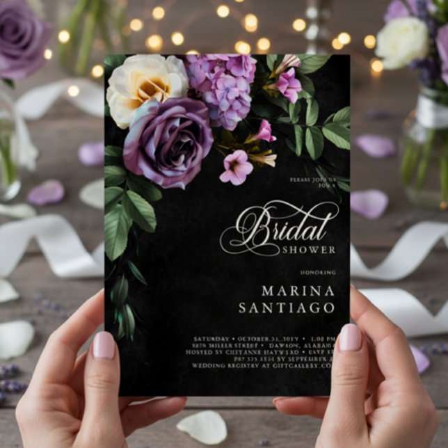 Elegant Black & Lavender Floral Script Shower Invitation (Elegant Black & Lavender Floral Script Shower Invitation)
