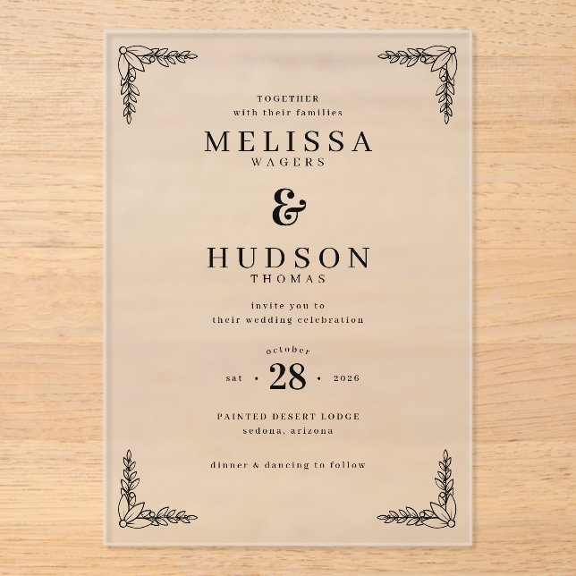 Elegant Black Leafy Branches Acrylic Invitations (Front)