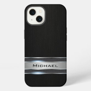 Elegant Black Leather and Silver Metal Label Look iPhone 13 Case
