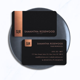 Elegant Black Leather & Brushed Copper Monogram Business Card