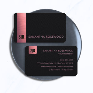 Elegant Black Leather & Brushed Pink Bar Monogram Business Card