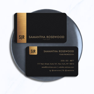 Elegant Black Leather & Gold Bar Monogram Business Card